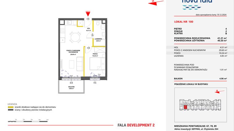 Rzut - Mieszkanie na sprzedaż 2 pokoje o powierzchni 41,21 m² - numer 100 w Miasteczko Nova Fala