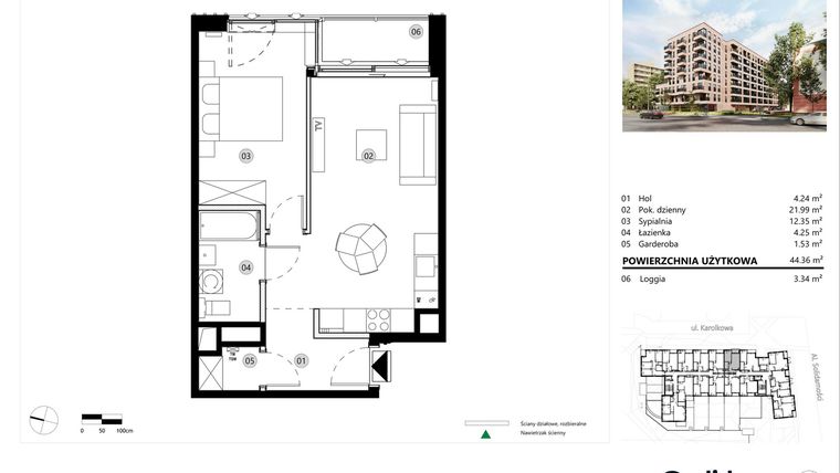 Rzut - Mieszkanie na sprzedaż 2 pokoje o powierzchni 44,36 m² - numer A.01.L.05 w ReVola