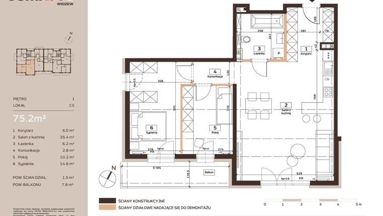 Rzut - Mieszkanie na sprzedaż 3 pokoje o powierzchni 75,2 m² - numer C5 w Domkove Widzew