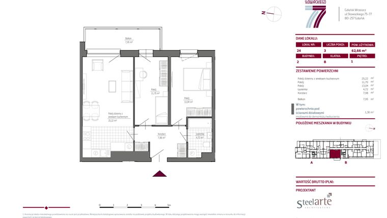 Rzut - Mieszkanie na sprzedaż 3 pokoje o powierzchni 62,66 m² - numer 2.24 w Słowackiego 77