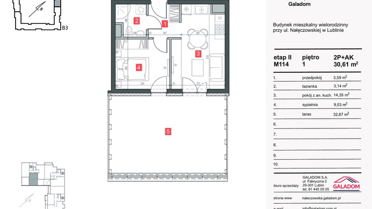 Rzut - Mieszkanie na sprzedaż 2 pokoje o powierzchni 30,61 m² - numer M-114 w Nałęczowska etap II