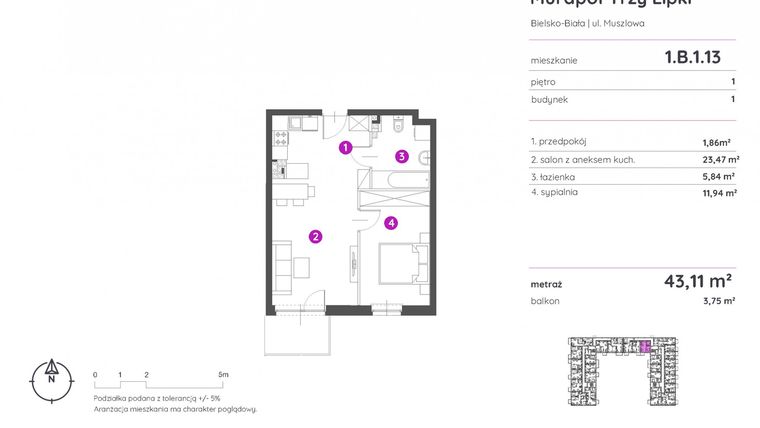 Rzut - Mieszkanie na sprzedaż 2 pokoje o powierzchni 43,11 m² - numer 1.B.1.13 w Murapol Trzy Lipki