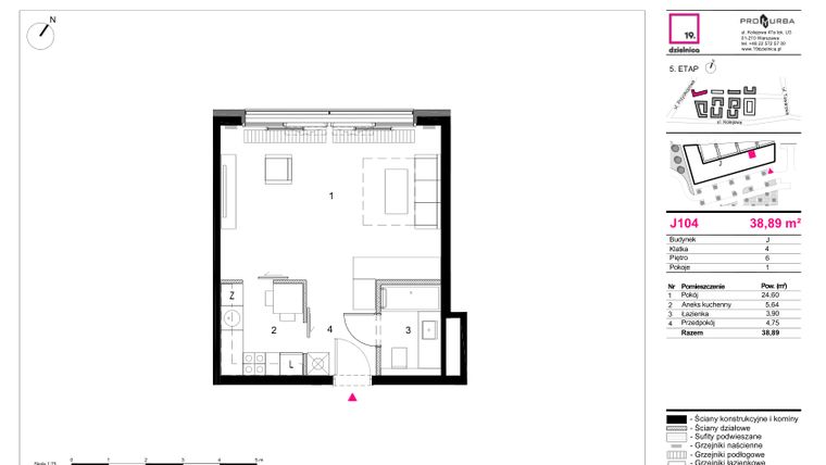 Rzut - Mieszkanie na sprzedaż 1 pokój o powierzchni 38,89 m² - numer J104 w 19. Dzielnica Etap V