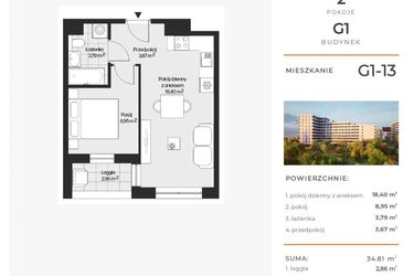 Rzut - Mieszkanie na sprzedaż 2 pokoje o powierzchni 34,81 m² - numer G1-13 w Piasta Park VI