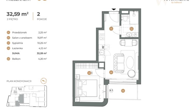 Rzut - Mieszkanie na sprzedaż 2 pokoje o powierzchni 32,59 m² - numer 8 w Witkiewicza Apartments