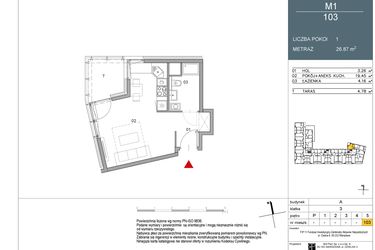 Rzut - Mieszkanie na sprzedaż 1 pokój o powierzchni 26,87 m² - numer 103 w Morwowa 5