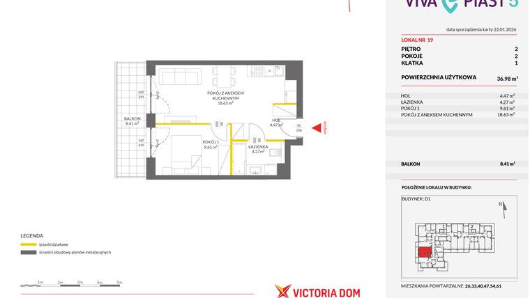 Rzut - Mieszkanie na sprzedaż 2 pokoje o powierzchni 36,94 m² - numer A.19 w Viva Piast 5