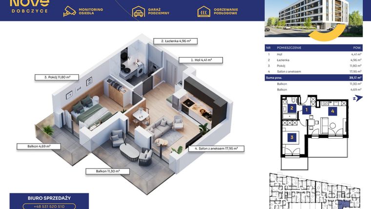 Rzut - Mieszkanie na sprzedaż 2 pokoje o powierzchni 39,12 m² - numer M08 w Nove Dobczyce