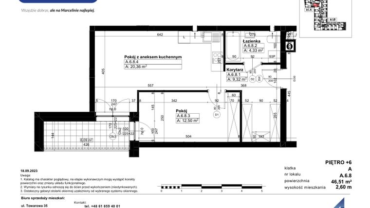 Rzut - Mieszkanie na sprzedaż 2 pokoje o powierzchni 46,51 m² - numer A/6/8 w Świerzawska 13
