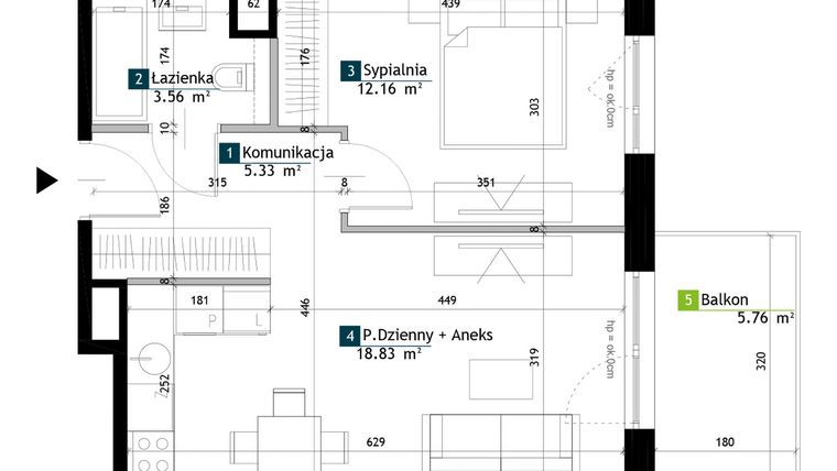 Rzut - Mieszkanie na sprzedaż 2 pokoje o powierzchni 39,88 m² - numer BA0303 w Viva Cité