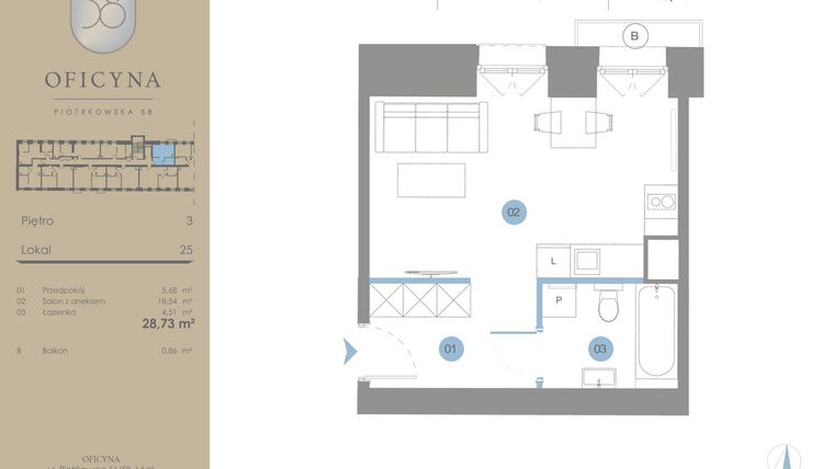 Rzut - Mieszkanie na sprzedaż 1 pokój o powierzchni 28,73 m² - numer 25 w Oficyna - Apartamenty Inwestycyjne Apart Hotel