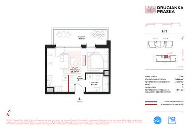 Rzut - Mieszkanie na sprzedaż 1 pokój o powierzchni 34,66 m² - numer D.6.4 w Drucianka Praska