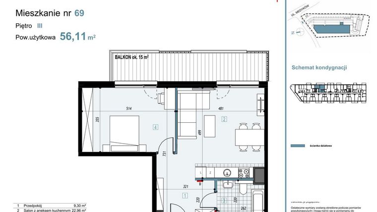Rzut - Mieszkanie na sprzedaż 2 pokoje o powierzchni 56,11 m² - numer 69 w Medyków 32