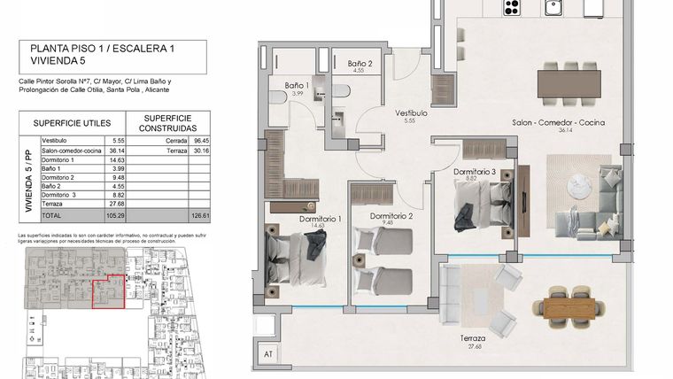 Rzut - Mieszkanie na sprzedaż 3 pokoje o powierzchni 126,61 m² - numer 1-5 w Apartamenty w Santa Pola - 92373724