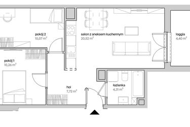 Rzut - Mieszkanie na sprzedaż 3 pokoje o powierzchni 52,88 m² - numer D.07.246 w Unii Lubelskiej Vita