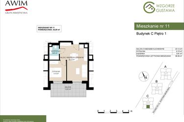 Rzut - Mieszkanie na sprzedaż 2 pokoje o powierzchni 36,09 m² - numer C11 w Wzgórze Gustawa