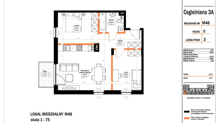 Rzut - Mieszkanie na sprzedaż 3 pokoje o powierzchni 61,17 m² - numer 48 w Osiedle StaLove etap II