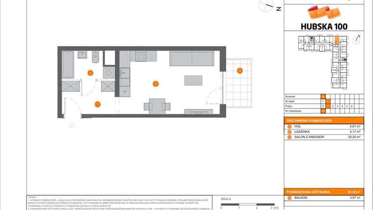Rzut - Mieszkanie na sprzedaż 1 pokój o powierzchni 30,18 m² - numer B.41 w Hubska 100