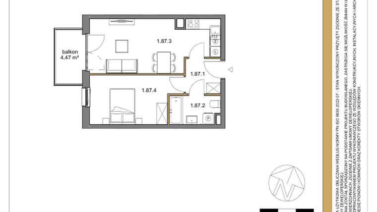Rzut - Mieszkanie na sprzedaż 2 pokoje o powierzchni 41,56 m² - numer 87 w Osiedle Sfera etap II