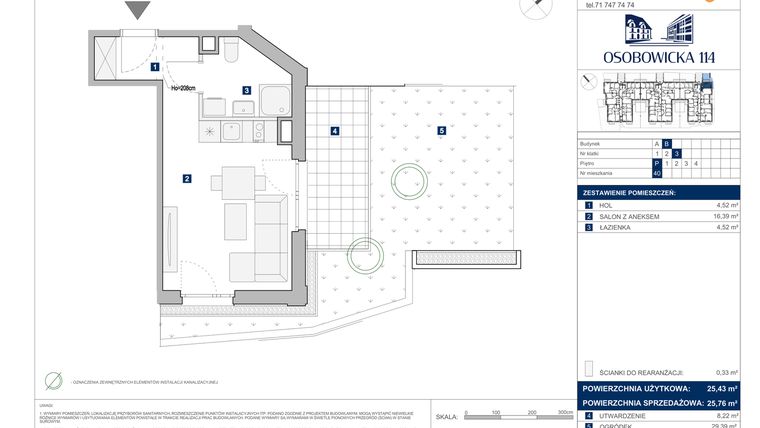 Rzut - Mieszkanie na sprzedaż 1 pokój o powierzchni 25,76 m² - numer B.40 w Osobowicka 114