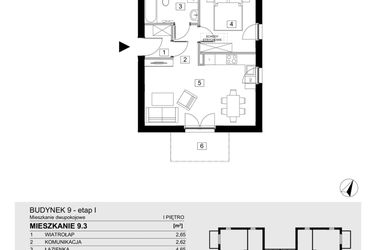 Rzut - Mieszkanie na sprzedaż 2 pokoje o powierzchni 43,55 m² - numer 9.3 w Jasieny