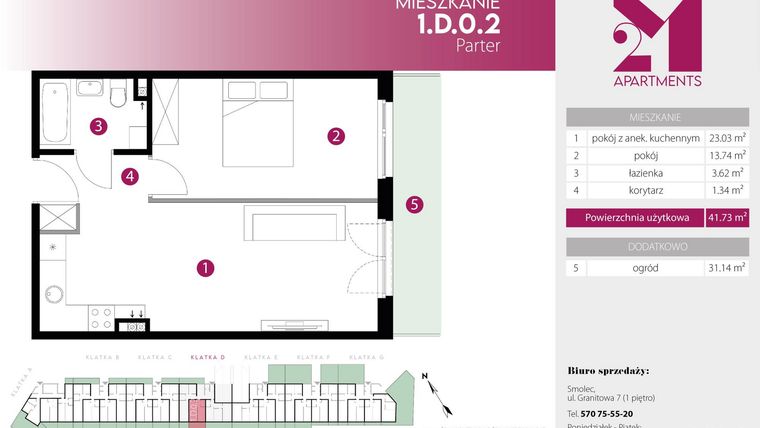 Rzut - Mieszkanie na sprzedaż 2 pokoje o powierzchni 41,73 m² - numer 1.D.0.2 w 2M Apartments etap IV