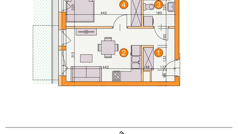 Rzut - Mieszkanie na sprzedaż 2 pokoje o powierzchni 32,3 m² - numer BI/A4 w Osiedle Bocianie Gniazdo 2