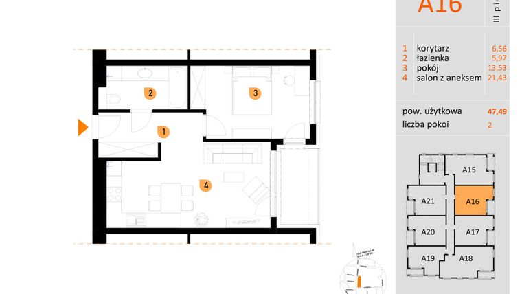 Rzut - Mieszkanie na sprzedaż 2 pokoje o powierzchni 47,49 m² - numer A16 w Apartamenty Konarskiego
