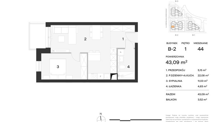 Rzut - Mieszkanie na sprzedaż 1 pokój o powierzchni 43,09 m² - numer 44 w Koncertowa Dolina