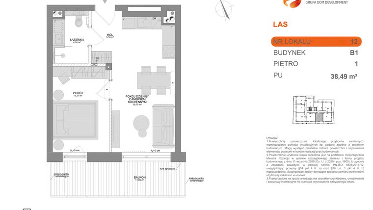 Rzut - Mieszkanie na sprzedaż 2 pokoje o powierzchni 38,49 m² - numer B1 12 w Las