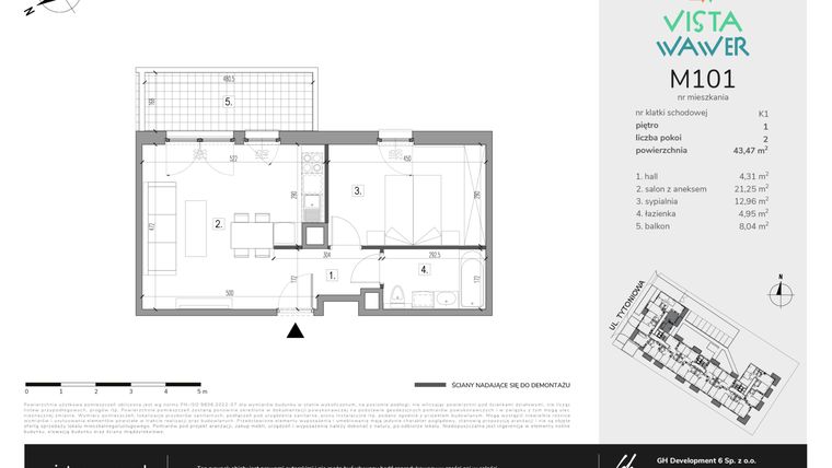 Rzut - Mieszkanie na sprzedaż 2 pokoje o powierzchni 43,47 m² - numer M101 w Vista Wawer