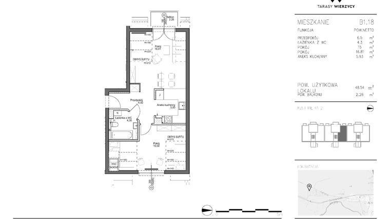 Rzut - Mieszkanie na sprzedaż 2 pokoje o powierzchni 48,54 m² - numer B1.18 w Tarasy Wierzycy