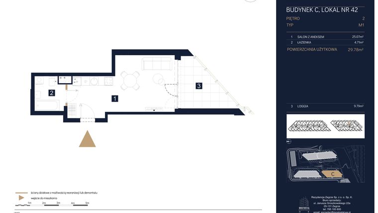 Rzut - Mieszkanie na sprzedaż 1 pokój o powierzchni 29,78 m² - numer C42 w Rezydencja Zegrze etap III