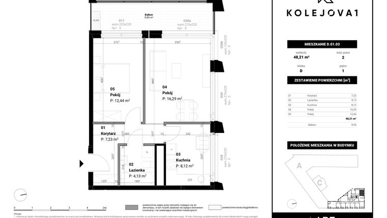 Rzut - Mieszkanie na sprzedaż 2 pokoje o powierzchni 48,21 m² - numer D-01-03 w Kolejova 1