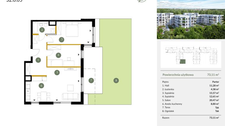 Rzut - Mieszkanie na sprzedaż 3 pokoje o powierzchni 73,11 m² - numer S2.0.05 w Ogrody Julianów