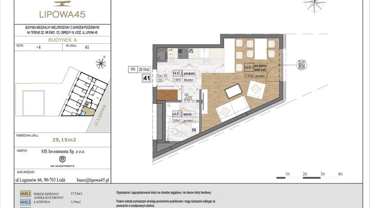Rzut - Mieszkanie na sprzedaż 1 pokój o powierzchni 29,15 m² - numer A41 w Lipowa 45