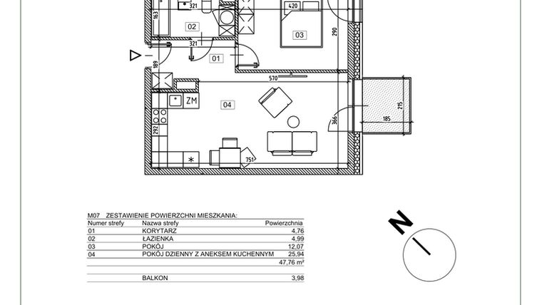 Rzut - Mieszkanie na sprzedaż 2 pokoje o powierzchni 47,76 m² - numer J.M07 w Osiedle Glivia Zachodnia