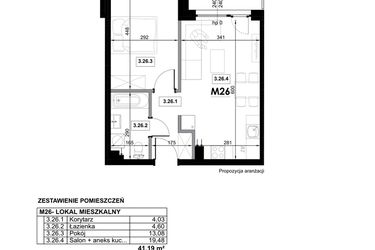 Rzut - Mieszkanie na sprzedaż 2 pokoje o powierzchni 41,19 m² - numer M26 w Miejska Premium II