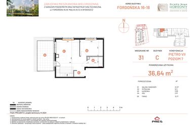 Rzut - Mieszkanie na sprzedaż 2 pokoje o powierzchni 36,64 m² - numer 16.31 w Osiedle Nowe Horyzonty etap II