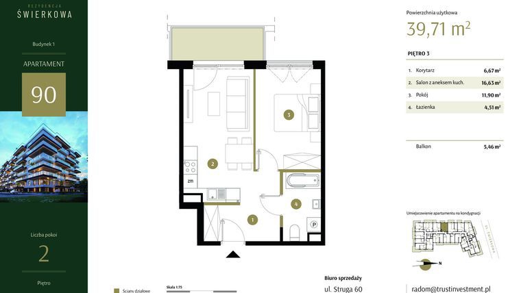 Rzut - Mieszkanie na sprzedaż 2 pokoje o powierzchni 39,71 m² - numer 90 w Rezydencja Świerkowa