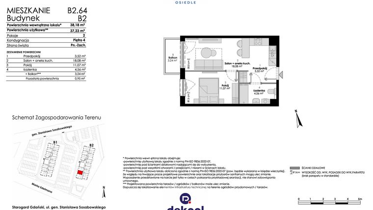 Rzut - Mieszkanie na sprzedaż 2 pokoje o powierzchni 37,23 m² - numer B2.64 w Osiedle Chabrowe