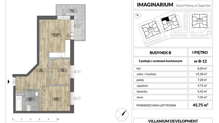Rzut - Mieszkanie na sprzedaż 3 pokoje o powierzchni 45,75 m² - numer 12 w Imaginarium Kazuń Nowy - bud. B