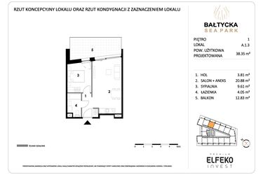 Rzut - Mieszkanie na sprzedaż 2 pokoje o powierzchni 38,35 m² - numer A.1.3 w Bałtycka Sea Park