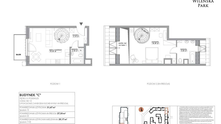 Rzut - Mieszkanie na sprzedaż 2 pokoje o powierzchni 59,17 m² - numer C12 w Wileńska Park