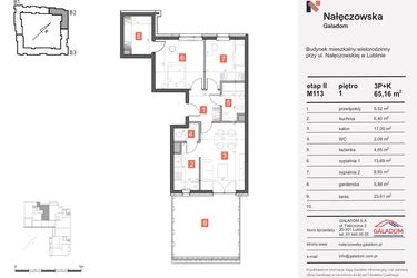Rzut - Mieszkanie na sprzedaż 3 pokoje o powierzchni 65,16 m² - numer M-113 w Nałęczowska etap II