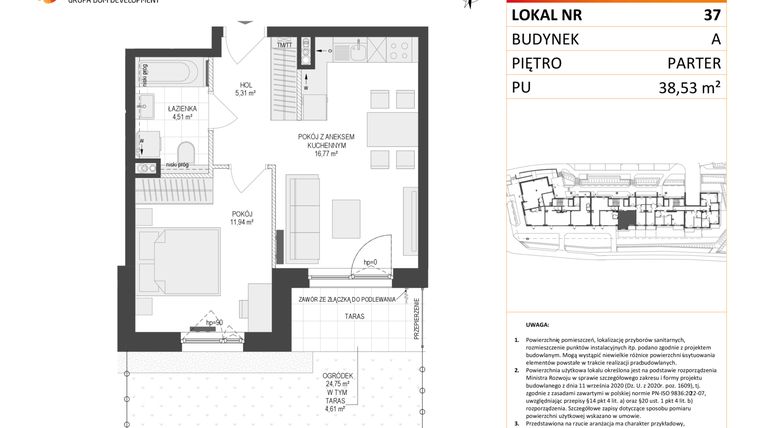 Rzut - Mieszkanie na sprzedaż 2 pokoje o powierzchni 38,53 m² - numer A37 w Osiedle Warszawska etap IV