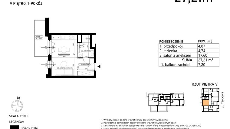 Rzut - Mieszkanie na sprzedaż 1 pokój o powierzchni 27,21 m² - numer M23 w Finezja