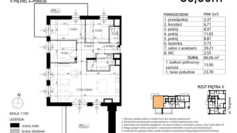Rzut - Mieszkanie na sprzedaż 4 pokoje o powierzchni 86,06 m² - numer M60 w Finezja
