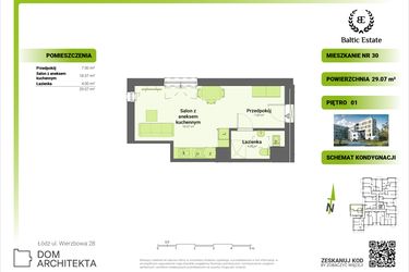 Rzut - Mieszkanie na sprzedaż 1 pokój o powierzchni 29,07 m² - numer 01.M.30 w Dom Architekta