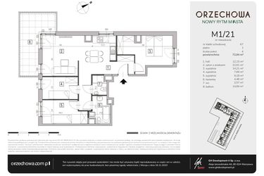 Rzut - Mieszkanie na sprzedaż 4 pokoje o powierzchni 72,94 m² - numer M1/21 w Orzechowa